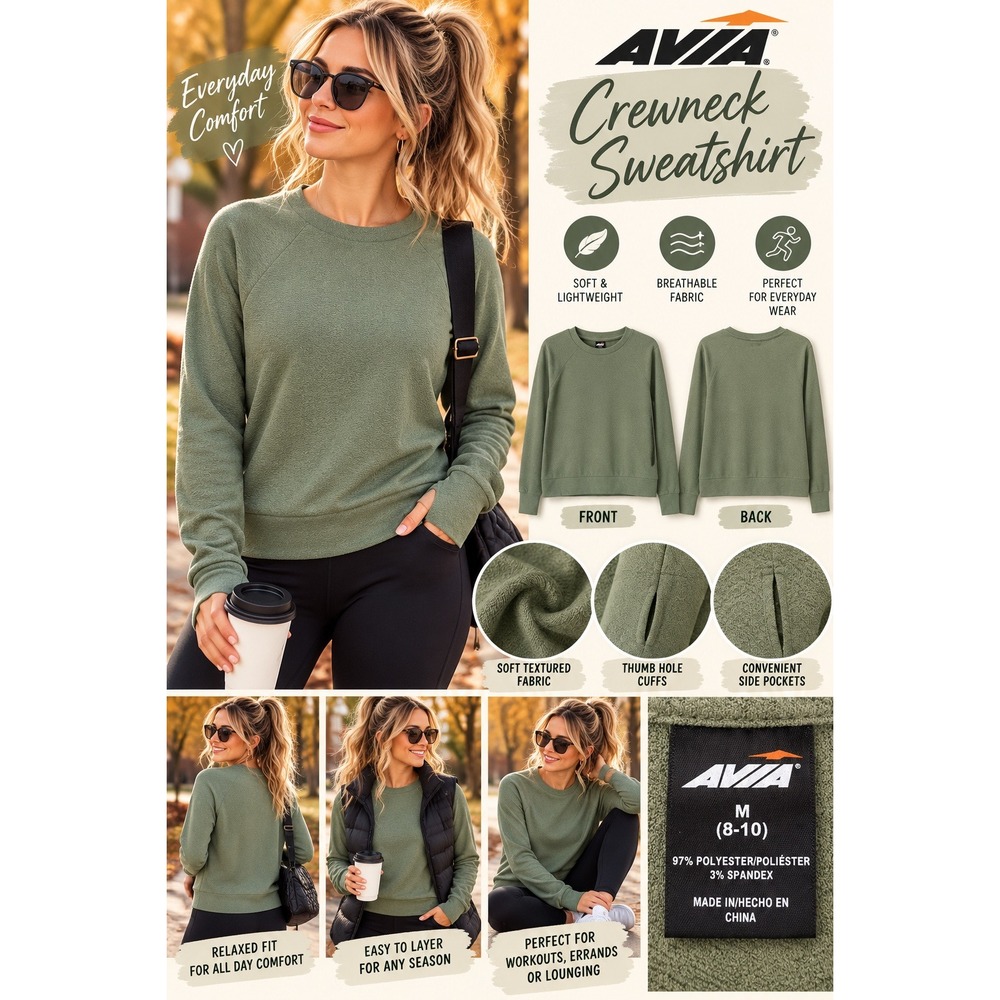 Avia Crewneck Sweatshirt Womens Medium 8-10 Sage Green Pullover Comfy Activewear